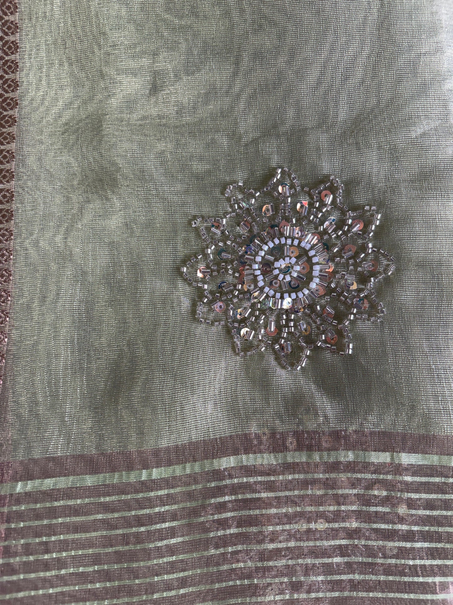 Pista Green Banarasi Tissue Saree with Antique Bronze Border