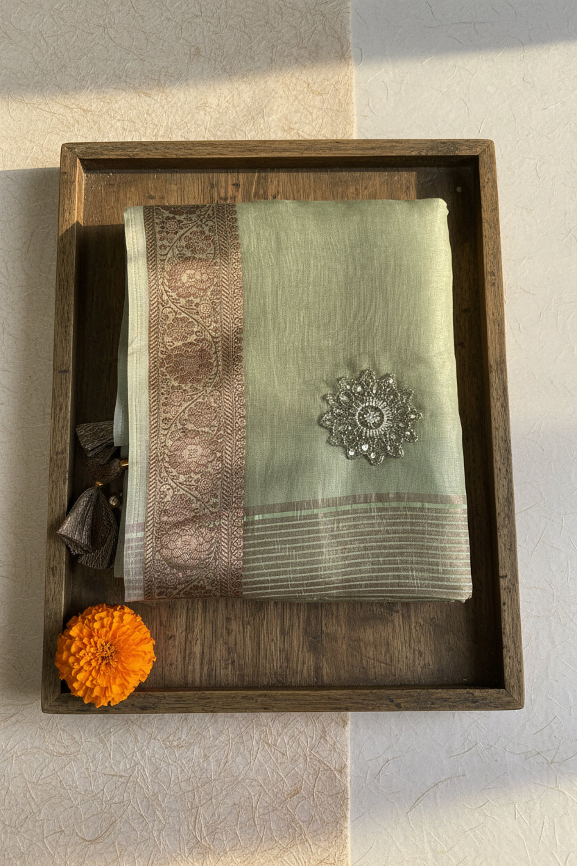 Pista Green Banarasi Tissue Saree with Antique Bronze Border