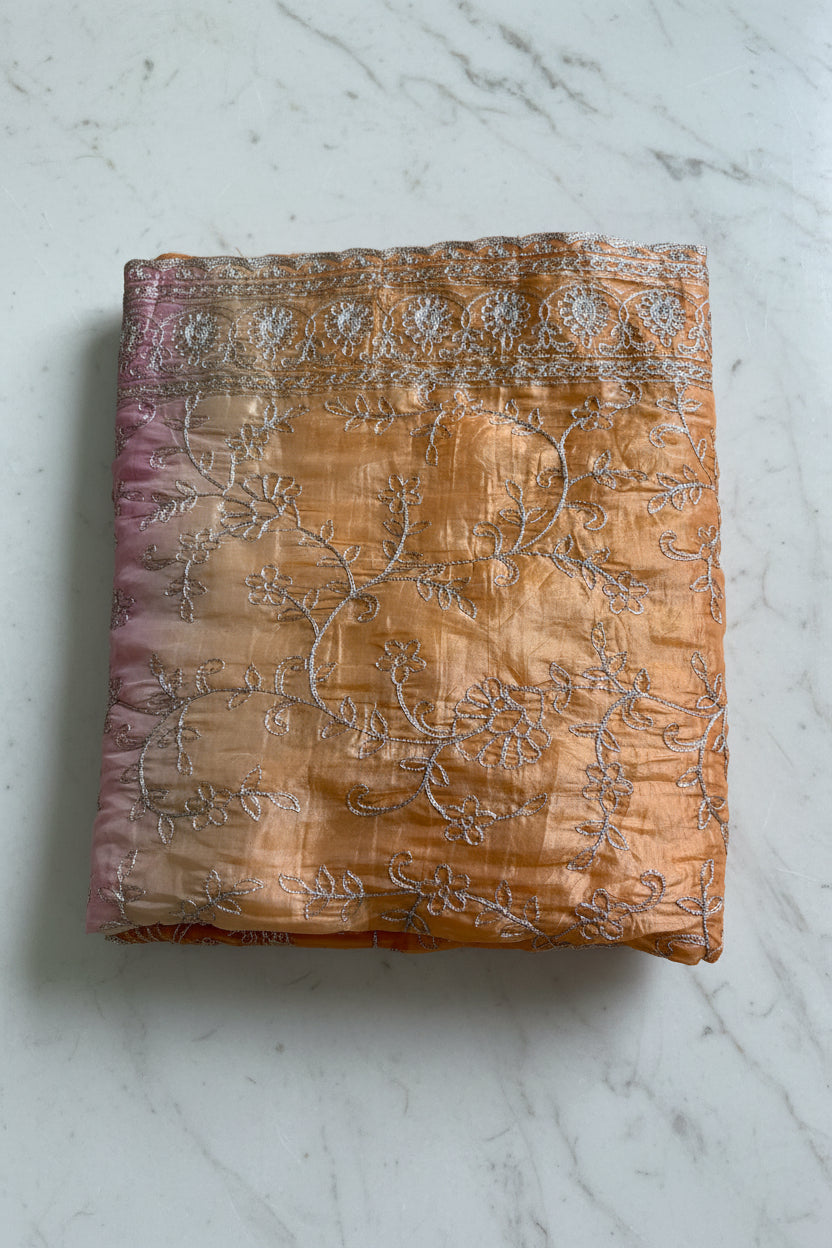 Pink gold crushed Tissue saree with Silver Zari Embroidery
