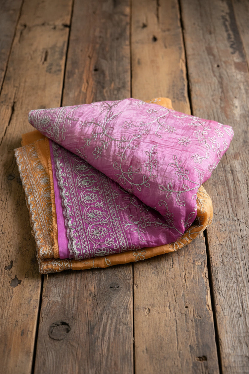 Pink gold crushed Tissue saree with Silver Zari Embroidery