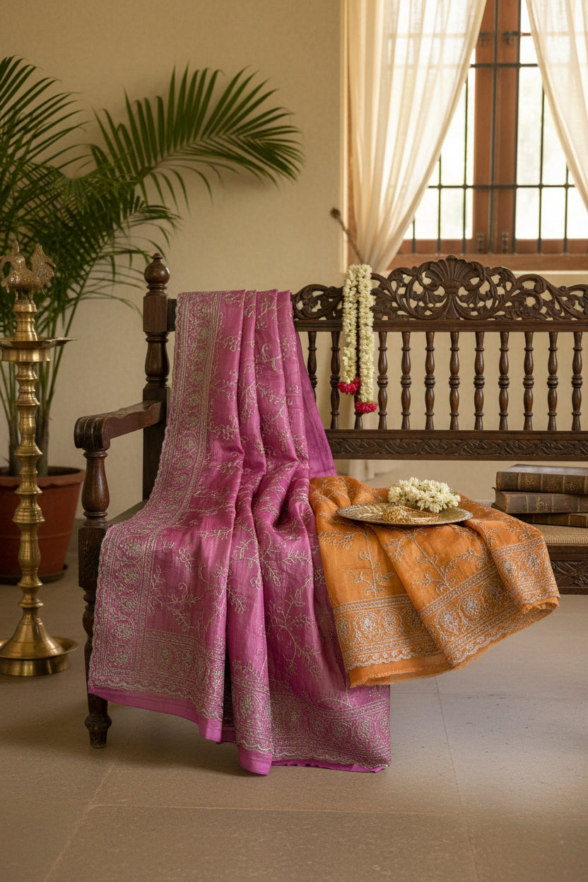 Pink gold crushed Tissue saree with Silver Zari Embroidery