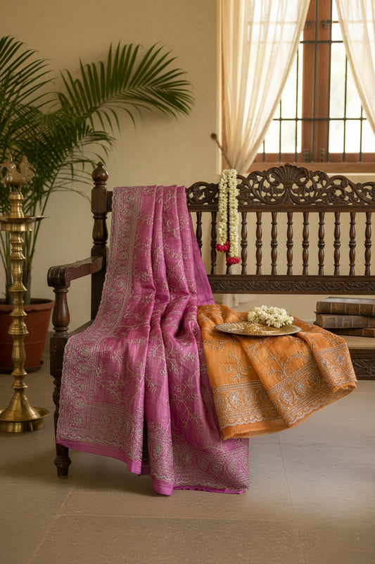 Pink gold crushed Tissue saree with Silver Zari Embroidery