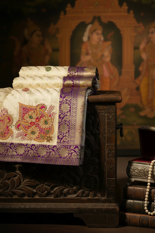 White Purple Banarasi Saree