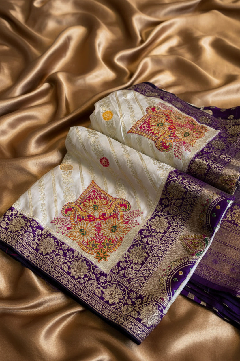 White Purple Banarasi Saree