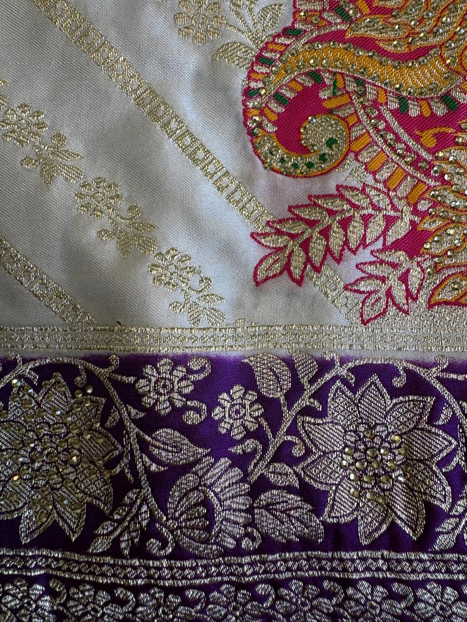 White Purple Banarasi Saree