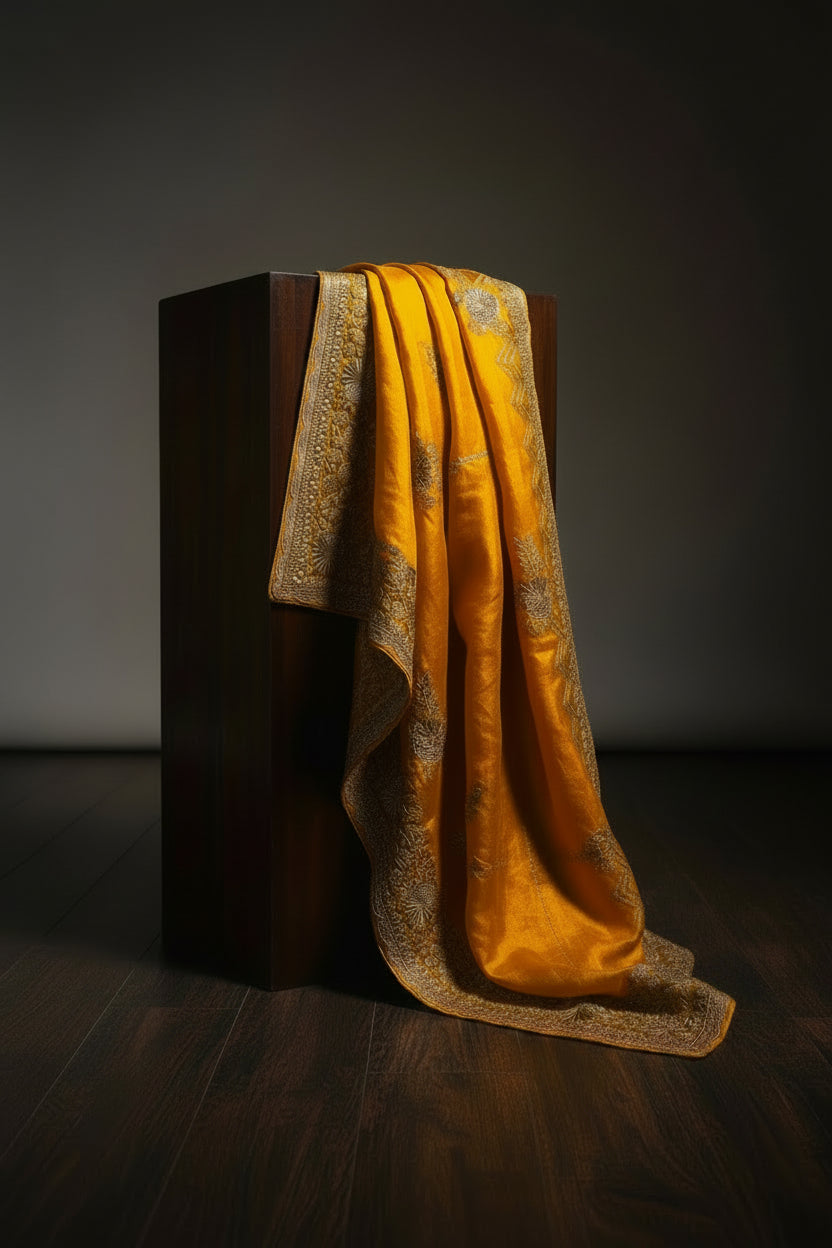 Mustard Tissue Amber Silk Saree with heavy Silver Zardozi Embroidery