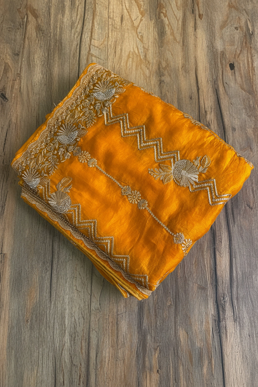 Mustard Tissue Amber Silk Saree with heavy Silver Zardozi Embroidery
