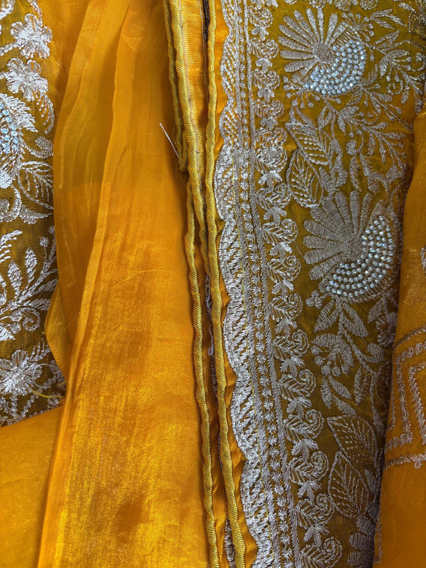 Mustard Tissue Amber Silk Saree with heavy Silver Zardozi Embroidery
